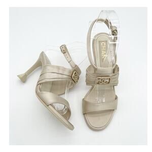 Chanel S/S 2023 Beige Satin Crystal CC Logo Ankle Strap Sandal Heels EU 36